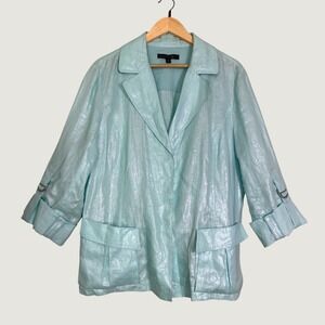 Lafayette 148 Jacket 100% Linen Size 16 Blue Metallic Shimmer Snap Front Blazer